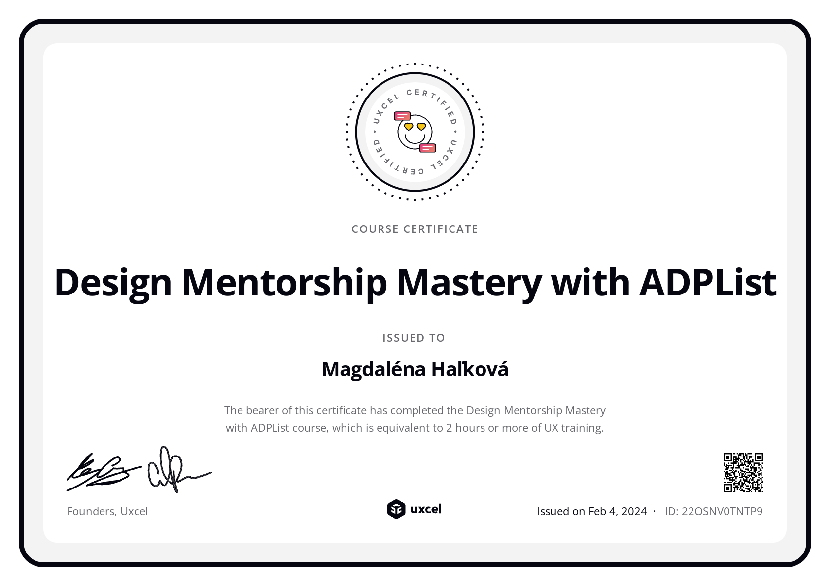 Magdaléna Haľková's certificate